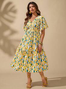 SHEIN Clasi Robe décontractée à imprimé floral col V et ourlet inégal pour les grandes tailles, pour les sorties, les thés et les réunions - Multicolore - Voir 5