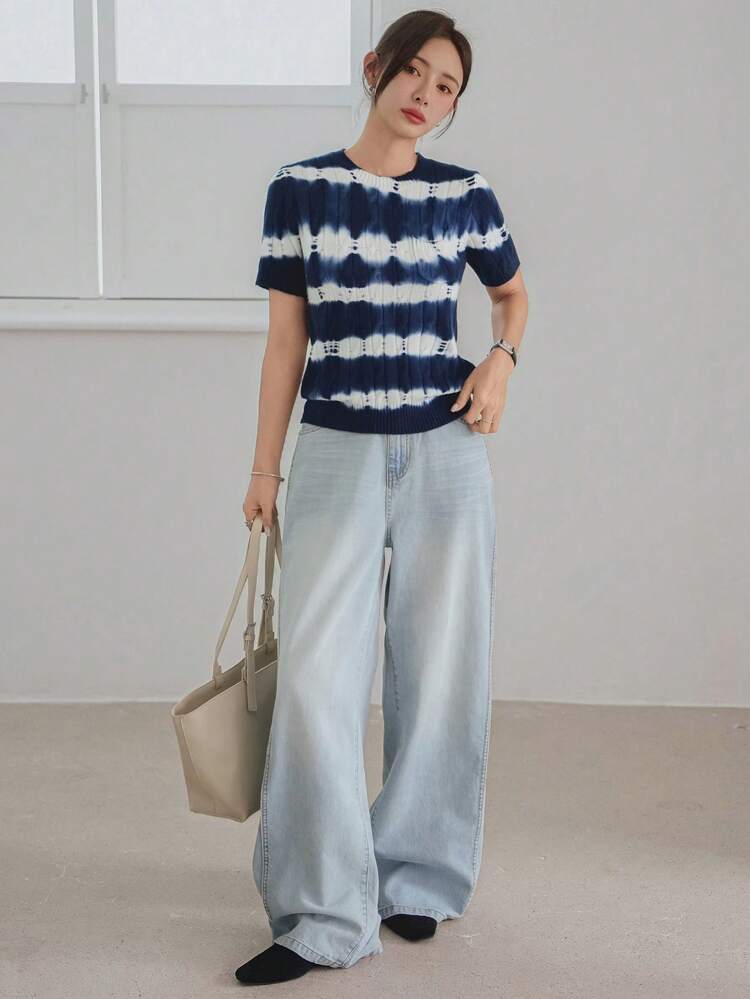 Casual Fitted Summer Crochet & Knit Pullover Sweater, Tie Dye Gradient Striped & Plaid Pattern, Versatile For Business, Commute, Office Wear Short Sleeve Top For Women