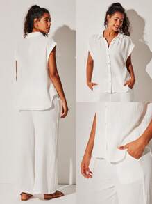 LUVLETTE 柔软透气 100% 纯棉褶皱白色短袖纽扣上衣和裤子,轻盈透气的睡衣套装,时尚休闲舒适,裤子带口袋,可作内衣外穿,新娘内衣及睡衣穿着。 - 白色 - 查看 4