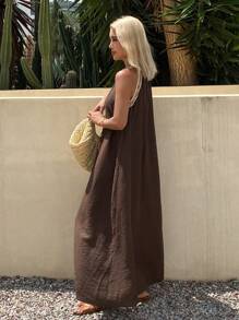 DAZY Vestido de lino de longitud media sin tirantes minimalista para vacaciones de verano de mujer - Marrón - Ver 4