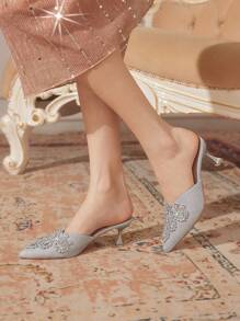 CUCCOO TILAWA Women's Fashion Rhinestone Slip-On Mule Sandals, High Heel Versatile Slides Spring Shoes Spring Break Easter Prom Heels - Silver - View 6