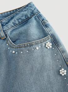 SHEIN MOD Women's Casual Distressed Rhinestone Embellished Wide Leg Jeans - Blue - View 3