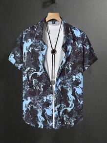 Manfinity Homme Herren Große Größen Lässig Hemd mit Marmor-Muster und asymmetrischem Design - Schwarz - Übersicht 1