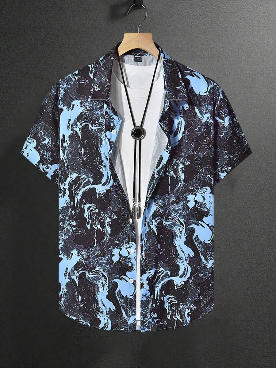 Manfinity Homme Herren Große Größen Lässig Hemd mit Marmor-Muster und asymmetrischem Design - Schwarz - Übersicht 1