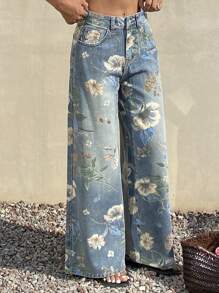 Livesso 女士宽松印花阔腿牛仔裤，夏季度假穿搭 - 藍色 - 查看 6