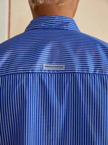 SWAVVY Men's Woven Casual Striped Short Sleeve Loose Fitting Blue Button Up Shirt, Youthful Daily Wear - Blue - View 6