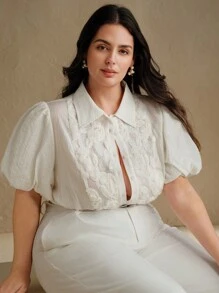 Anewsta Nueva blusa de primavera/verano de estilo francés elegante para dama de oficina, con textura estampada y jacquard