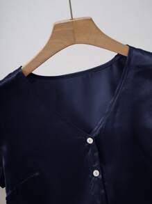 SHEIN Clasi 2件套 女士纯色单排扣短袖衬衫和A字裙，夏季 - 藏蓝色 - 查看 4