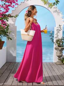 Vivid Eden Váy vải họa tiết thường ngày hở lưng cổ chữ V dành cho nữ đi nghỉ, đi chơi - Màu Hồng Tươi - Xem 3