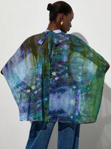 Aveloria Frievida Women Tie-Dye Print Loose Stand Collar Batwing Sleeve Blouse - Multicolor - View 2