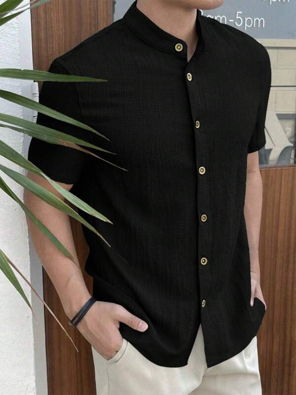SHEIN Teen Boys' Plain Single-Breasted Short Sleeve Casual Textured Shirt, Comfortable Casual Academic Style, Versatile, Soft & Breathable, Suitable For Daily Wear, School, Travel, Beach Vacation In Summer Black Shirt Black Short Sleeve Shirt Black Button Up Shirt