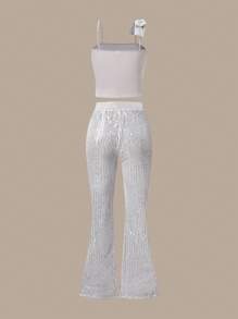 SHEIN 2 件女童蝴蝶结亮片上衣 + 高腰亮片喇叭裤，优雅派对/婚礼/节日装