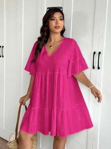 SHEIN Frenchy Plus Size Casual Vacation Textured Plaid V-Neck Loose Babydoll A-Line Dress,Summer Dresses For Women,Dresses Casual