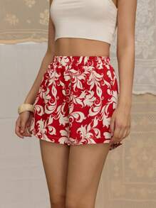 SHEIN MOD Women's Red Bohemian Pattern Vacation Shorts - Red - View 4