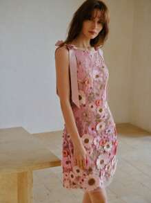 MOTF PREMIUM VESTIDO CORTO CON HOMBROS AL DESCUBIERTO, BORDADO FLORAL Y LAZO DE TELA DE TUL - Rosa - Ver 5