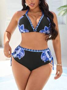 Swim Vcay Plus Size Women 2pcs Spaghetti Strap Floral Print Bikini Set, Customized Casual Sexy Swimsuit