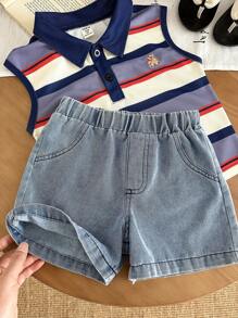 SHEIN Toddler Boys 2pcs Summer Set, Collared Sleeveless Striped Bear Embroidery Vest Top Paired With Denim Shorts, Crisp Fit For Outdoor, Casual, Party Occasions - Multicolor - View 10
