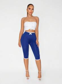 Sirith 女式蓝色蕾丝边蝴蝶结装饰修身打底裤，夏季