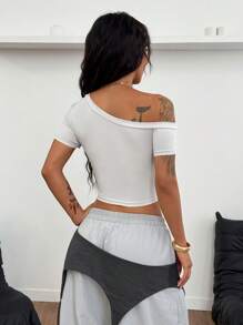 Coolane Conjunto de verano para conciertos de mujer, estilo minimalista Y2K básico, camiseta de punto gris de ajuste ceñido y hombros descubiertos