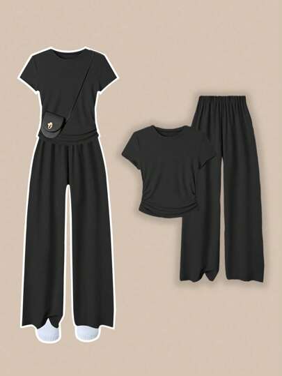 Franclia 2 st kvinnor sommar casual enfärgad t-shirt och byxor set