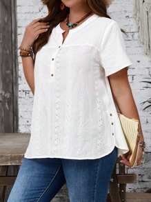 EMERY ROSE Áo thun nữ cỡ lớn, màu trơn, thêu họa tiết, kiểu dáng thường ngày, cổ chữ V, tay ngắn, thích hợp mặc mùa hè, đi nghỉ mát, phong cách boho, mùa xuân. - trắng - Xem 5