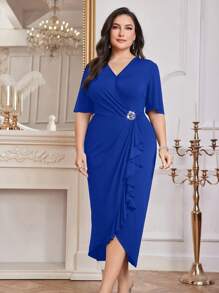 Modelyn Vestido envolvente elegante decorado con cristales para tallas grandes, vestidos de noche largos de primavera y verano - azul real - Ver 1