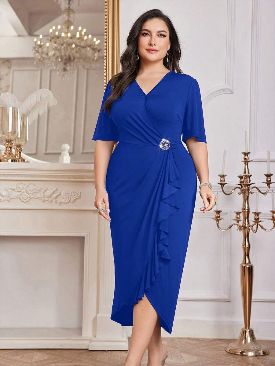 Modelyn Vestido envolvente elegante decorado con cristales para tallas grandes, vestidos de noche largos de primavera y verano - azul real - Ver 1