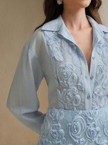 Anewsta Set 2 buc bluză și fustă midi elegante în stil francez, model jacquard texturat în relief, pentru naveta la birou - Albastru - Vizualizare 8