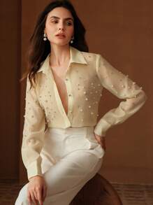 Anewsta 奢华优雅透明长袖衬衫，水晶装饰，商务休闲风格 - 黃色 - 查看 1