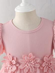 Glamorique Kids Girls' Wedding Flower Girl Elegant 3D Floral Gauze Cap Sleeve Dress, Suitable For Parties, Festivals, Summer Baby Girls Party Dresses Pink Dress For Girls Pink Flower Girl Dress Fall Winter - Pink - View 4