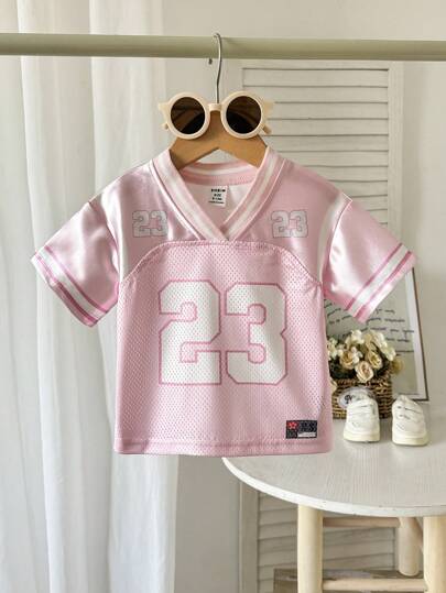 SHEIN Playful Pals Baby Girl Infant Toddler Newborn Number Graphic Football Jersey T-Shirt, Casual Sports Streetwear, Pink