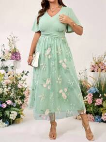 Cravure Plus Size Green Ditsy Floral Dress, Fashionable For Summer - Green - View 4