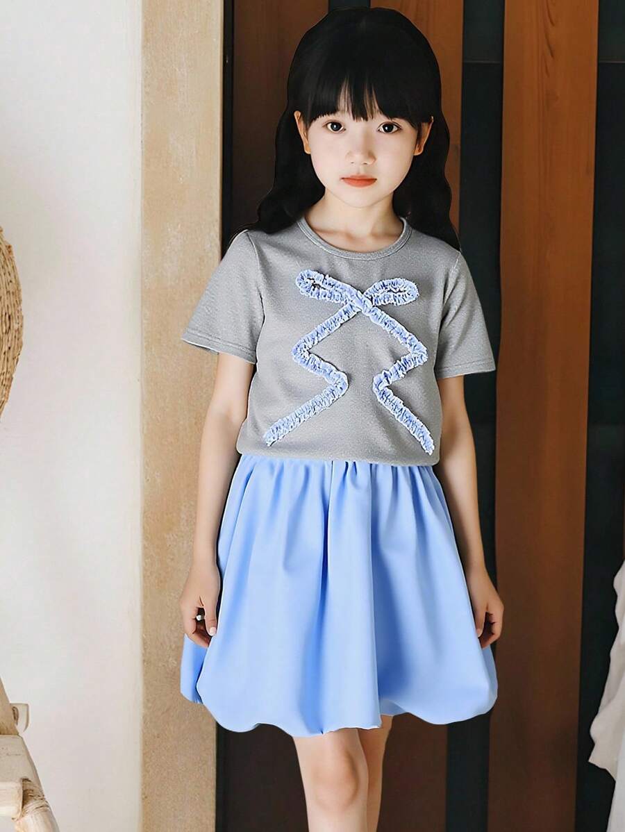 Girls Cute Sweet Round Neck Fitted Check Bow Short Sleeve T-Shirt And Short Solid Color Lantern Hem Skirt 2pcs Set - Blue - View 1