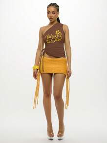 SUMWON WOMEN Island Girl 单肩热带芙蓉短款上衣夏季沙滩装节日度假时尚背心 - 棕色 - 查看 3