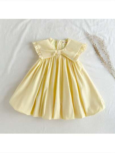 Loomiva Baby Girl Plain Collar Ruffle Hem Sleeveless Cinched Waist Dress