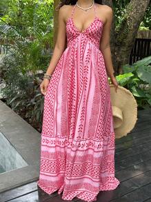 SHEIN Unity Pink Digital Print Fitted Waist Vacation Style Deep V-Neck Halter Backless Tie Dress - Pink - View 3