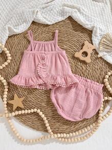 Loomiva Newborn Baby Girl 2pcs Solid Color Camisole Top And Elastic Waist Shorts Set,Kids - Baby Pink - View 2