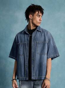Street Life Men's Fashionable Rhinestone Denim Shirt, Suitable For Summer - Blue - View 4