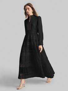 Ontre Abito lungo elegante da donna con scollo a V, maniche lunghe e contrasto di colore in pizzo