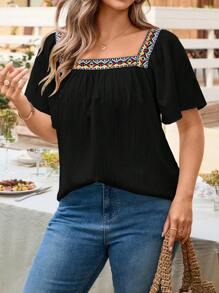 SHEIN LUNE Plus Size Women Square Neck Embroidery Tape Flowy Sleeve Retro Print Trim Blouse Top Cowgirl Summers For Women Graduation Spring Women Summer Clothes Graduation Easter Women Spring Summer Clothes Vacation Bohemia Easter Women Square Neck Tops Boho Tops For Women Boho Tops Peasant Tops Peasant Blouse