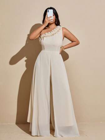 Viva Relle 大码女式优雅浪漫3D花卉装饰雪纺连体裤