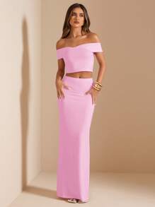 SHEIN BAE Conjunto de 2 piezas para mujer con top camisero negro sexy de cuello halter y espalda abierta, y falda de sirena de cintura baja con bajo maxi, conjunto negro, ropa de resort, conjunto de punto con espalda descubierta