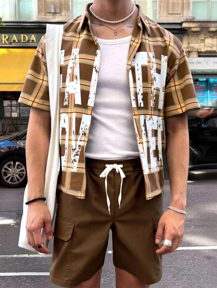 Manfinity Roghcode Men's Plaid & Letter Print Short Sleeve Shirt And Drawstring Waist Shorts Set - Multicolor - View 1