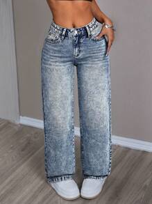 SHEIN PETITE Women's Casual Washed Loose Straight Leg Jeans ,Petite Women - Medium Wash - View 5