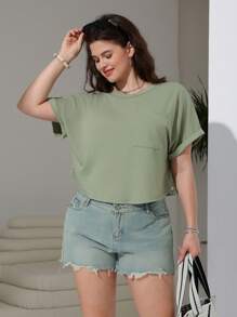 SHEIN EZwear Plus Size Casual Versatile Solid Color Short Sleeve T-Shirt - Green - View 3