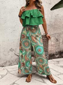 SHEIN LUNE 2 piezas Pantalones holgados con volantes y estampado bohemio colorido para vacaciones para mujeres de talla grande