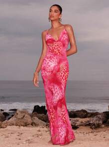 Opulessa Beach Vacation Holiday Outfits Vacation Women's Plunging Neckline Leopard Print Maxi Slip Dress,Sexy Elegant Party,Graduation,Prom,Luxury Evening,Autumn Winter Clothes For Women,  Christmas Outfit For Women, National Day,  New Year Clothes,  Going Out Outfit, Mermaid, Bohemian Outfits, Ibiza Outfits, Western Style - Hot Pink - View 6