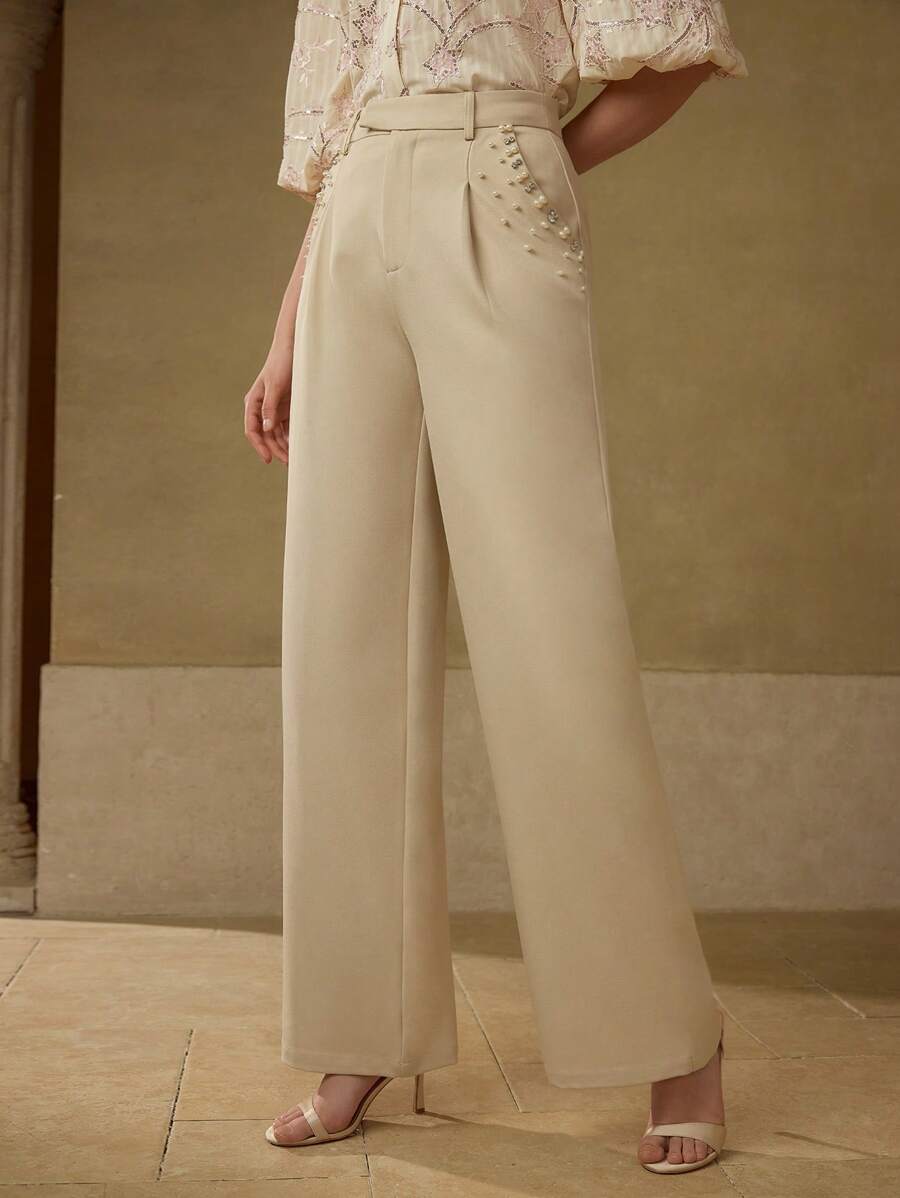 MOTF PREMIUM FAUX PEARL AND RHINESTONE DETAIL SLANT POCKET WIDE LEG SUIT PANTS - Khaki - View 2