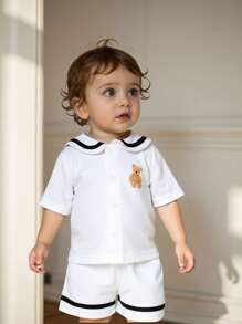 2 件婴幼儿熊印花 Polo 领短袖上衣和松紧腰短裤套装，棉质面料柔软舒适，适合 6 个月 - 3 岁儿童，简约时尚风格，适合室内/室外活动，春夏季 - 白色 - 查看 2