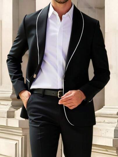 Manfinity Mode 大码男式撞色镶边西装外套和西裤套装